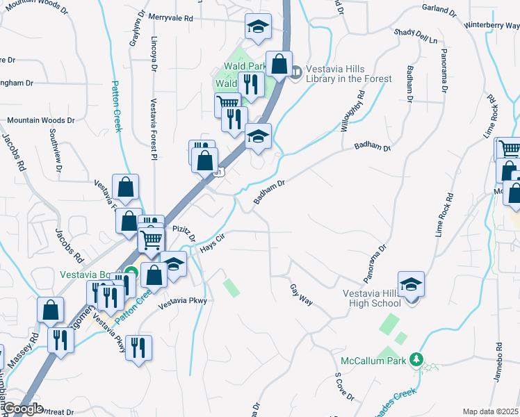 map of restaurants, bars, coffee shops, grocery stores, and more near 2104 Vestridge Drive in Vestavia Hills