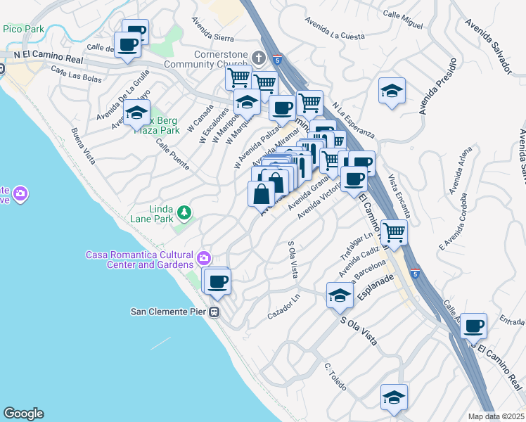 map of restaurants, bars, coffee shops, grocery stores, and more near Avenida Del Mar in San Clemente