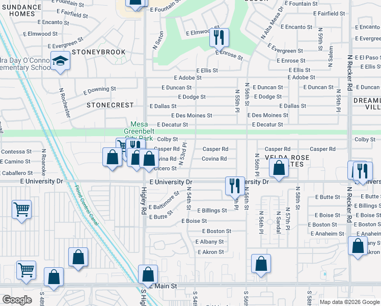 map of restaurants, bars, coffee shops, grocery stores, and more near 501 North 53rd Place in Mesa