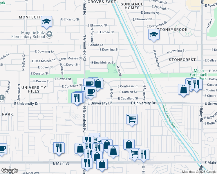 map of restaurants, bars, coffee shops, grocery stores, and more near 4519 East Contessa Street in Mesa