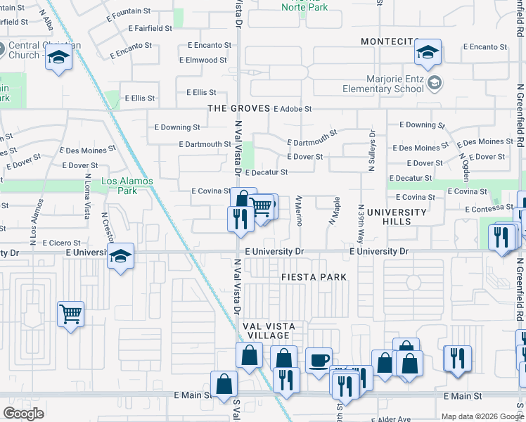 map of restaurants, bars, coffee shops, grocery stores, and more near 12 East Highland Park Manor in Mesa