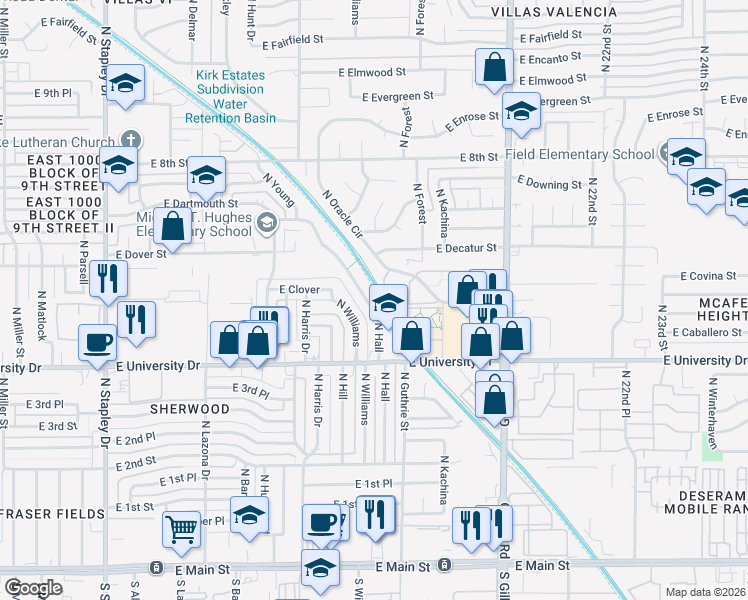 map of restaurants, bars, coffee shops, grocery stores, and more near 501 North Hall in Mesa