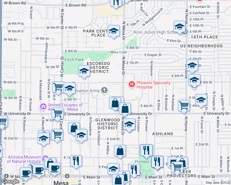 map of restaurants, bars, coffee shops, grocery stores, and more near 520 North Mesa Drive in Mesa