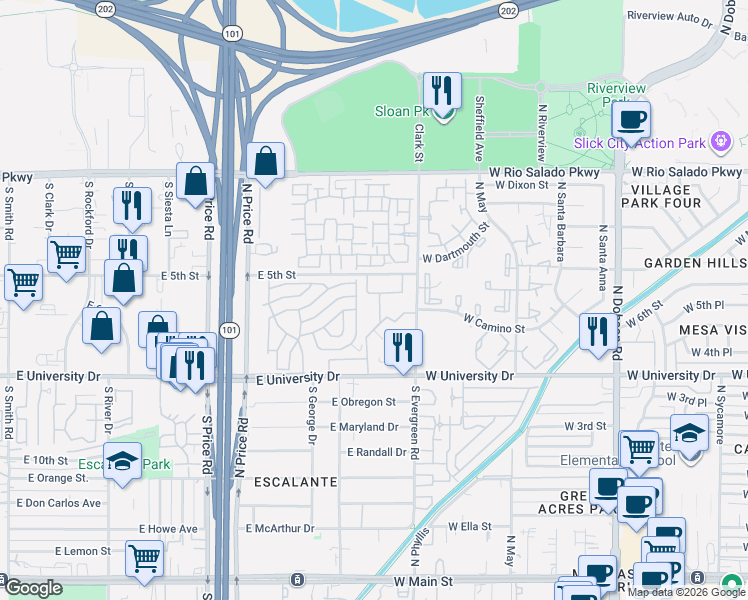 map of restaurants, bars, coffee shops, grocery stores, and more near 544 South Allred Drive in Tempe