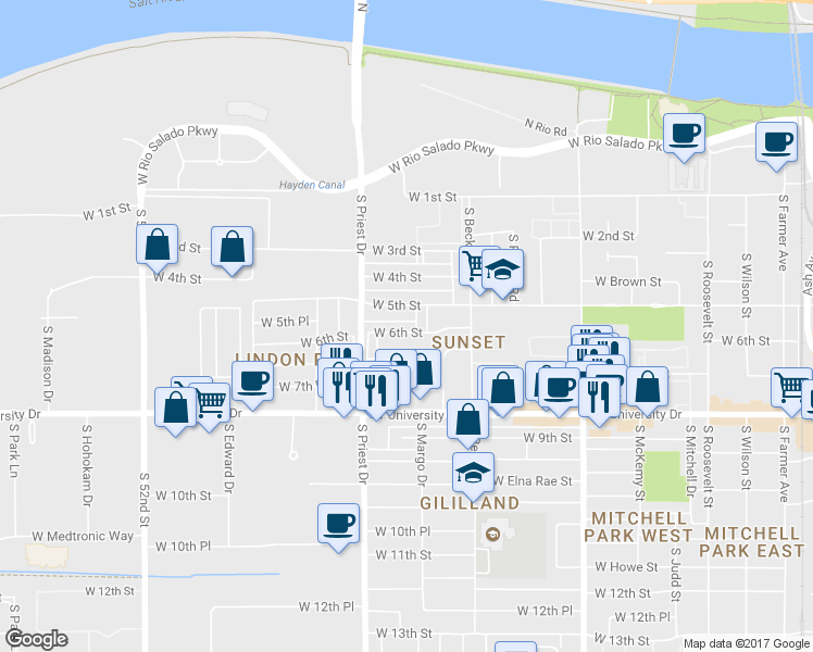 map of restaurants, bars, coffee shops, grocery stores, and more near 1301 West 6th Street in Tempe