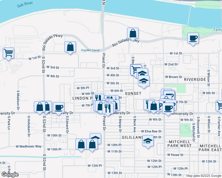 map of restaurants, bars, coffee shops, grocery stores, and more near 1329 West 6th Street in Tempe