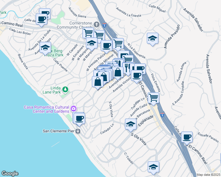 map of restaurants, bars, coffee shops, grocery stores, and more near 220 Avenida Victoria in San Clemente