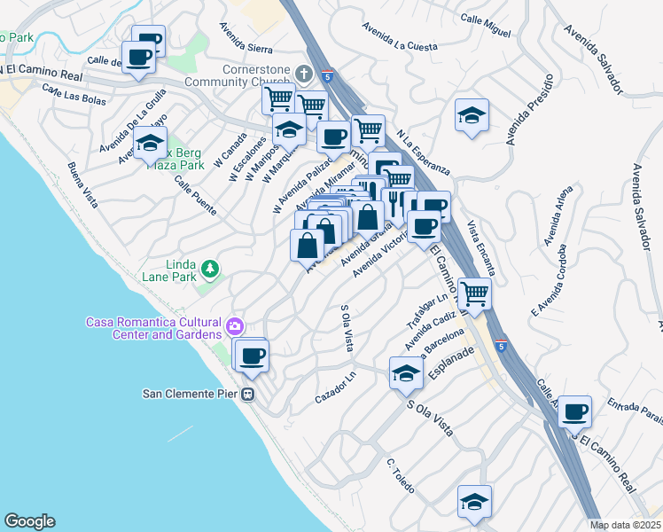map of restaurants, bars, coffee shops, grocery stores, and more near 220 Avenida Victoria in San Clemente