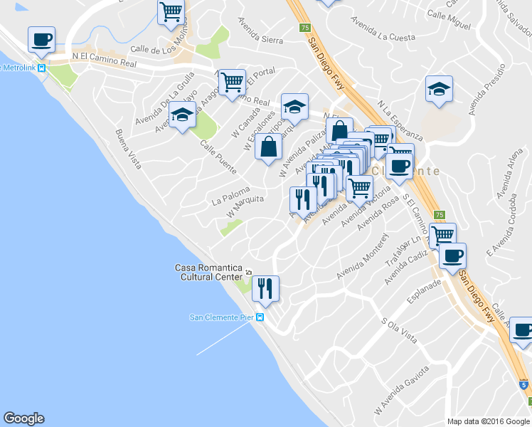 map of restaurants, bars, coffee shops, grocery stores, and more near 313 Encino Lane in San Clemente