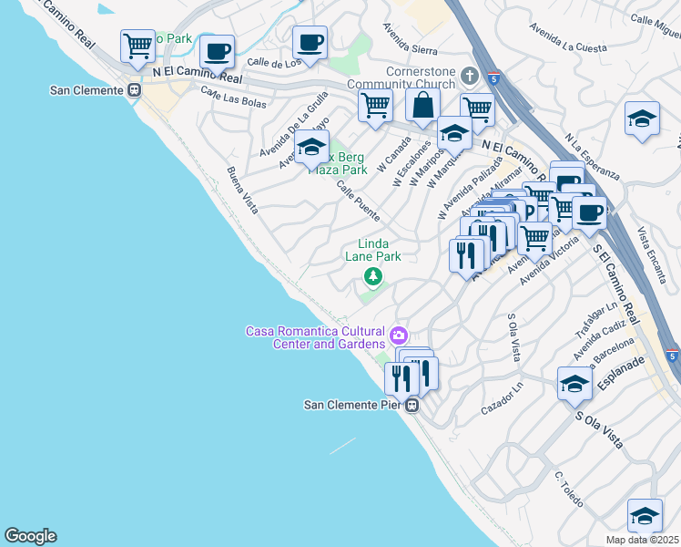 map of restaurants, bars, coffee shops, grocery stores, and more near 250 West Marquita in San Clemente