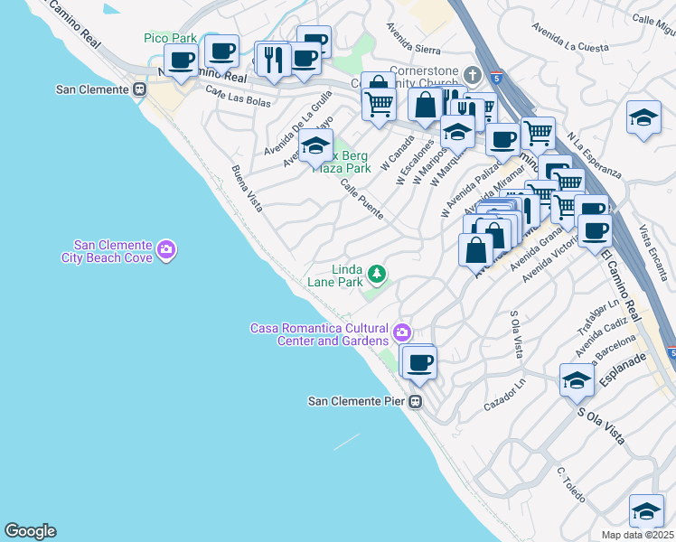 map of restaurants, bars, coffee shops, grocery stores, and more near 267 West Marquita in San Clemente