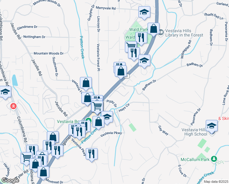 map of restaurants, bars, coffee shops, grocery stores, and more near 2070 Vestavia Park Court in Vestavia Hills
