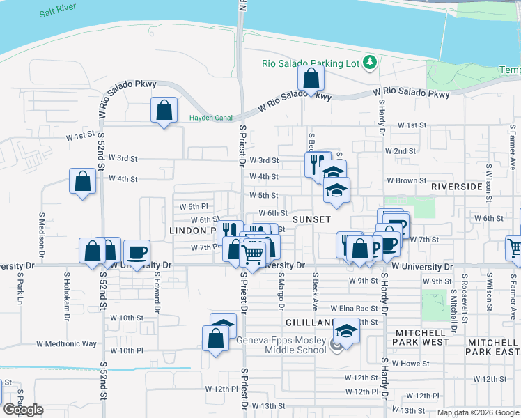 map of restaurants, bars, coffee shops, grocery stores, and more near 1320 West 6th Street in Tempe