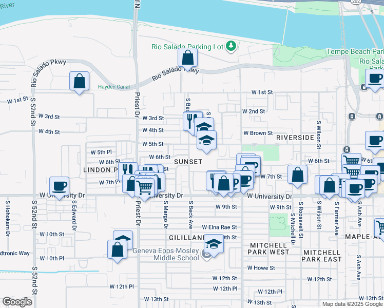 map of restaurants, bars, coffee shops, grocery stores, and more near 1133 West 5th Street in Tempe
