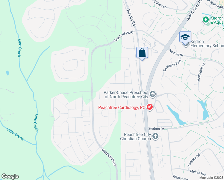 map of restaurants, bars, coffee shops, grocery stores, and more near MacDuff Parkway in Peachtree City