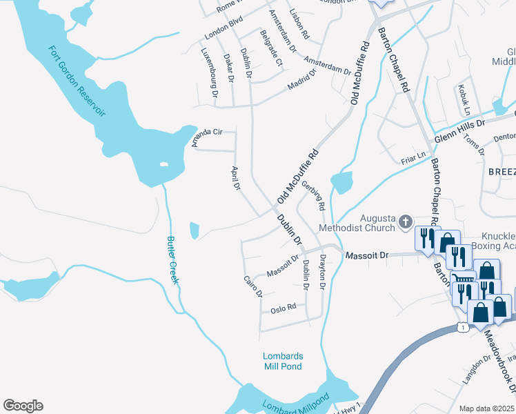 map of restaurants, bars, coffee shops, grocery stores, and more near 2837 April Drive in Augusta