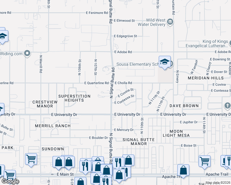 map of restaurants, bars, coffee shops, grocery stores, and more near 10834 East Covina Street in Mesa