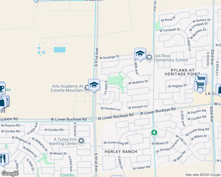 map of restaurants, bars, coffee shops, grocery stores, and more near 9005 West Watkins Street in Tolleson