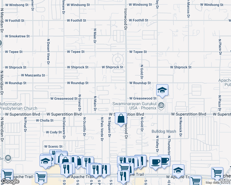map of restaurants, bars, coffee shops, grocery stores, and more near 1746 West Mockingbird Street in Apache Junction