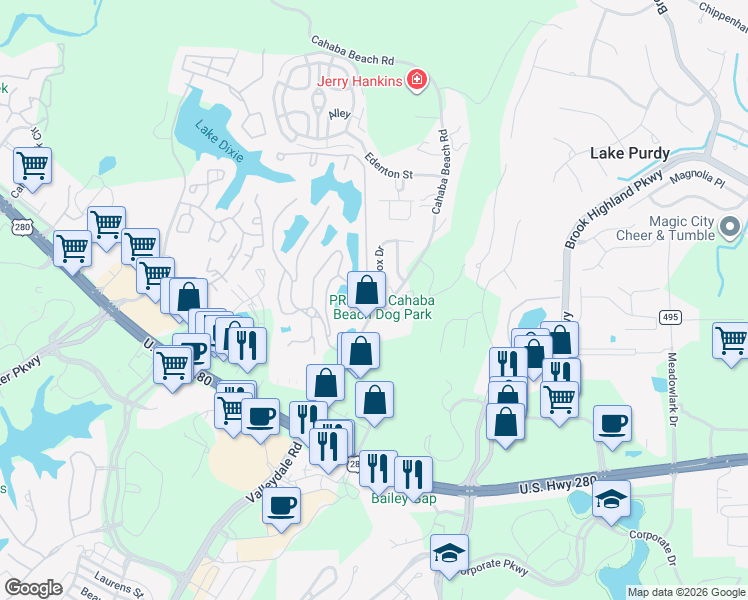 map of restaurants, bars, coffee shops, grocery stores, and more near 105 Lenox Drive in Birmingham