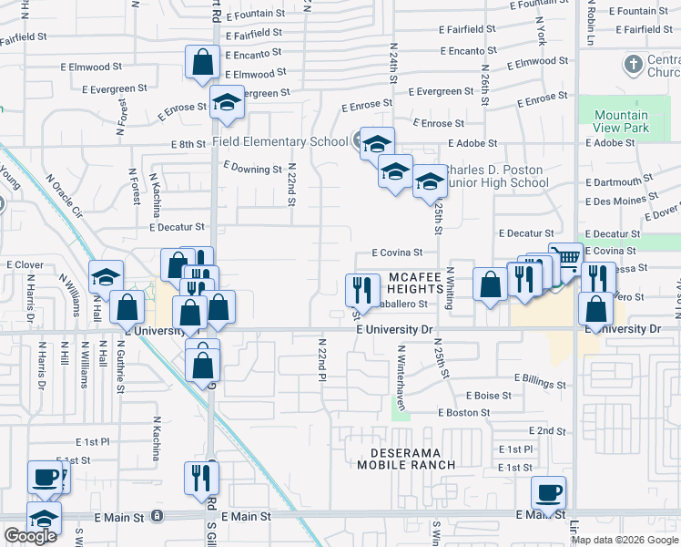 map of restaurants, bars, coffee shops, grocery stores, and more near 502 North 23rd Street in Mesa