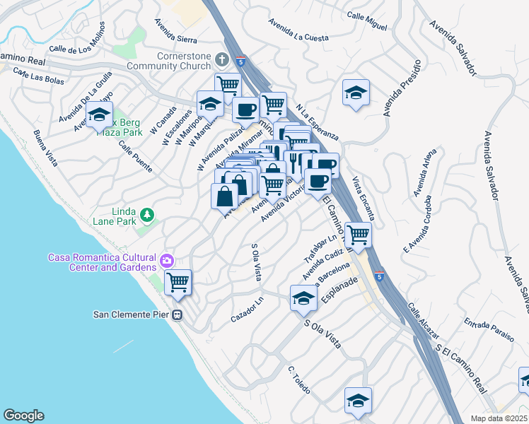 map of restaurants, bars, coffee shops, grocery stores, and more near 220 Avenida Victoria in San Clemente