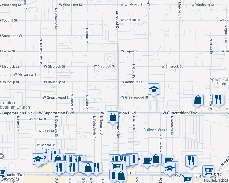 map of restaurants, bars, coffee shops, grocery stores, and more near 1640 West Mockingbird Street in Apache Junction