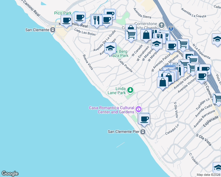 map of restaurants, bars, coffee shops, grocery stores, and more near 254 La Paloma in San Clemente