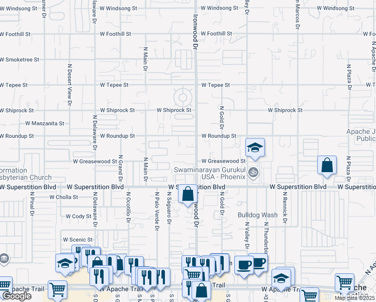 map of restaurants, bars, coffee shops, grocery stores, and more near 1662 West Mockingbird Street in Apache Junction
