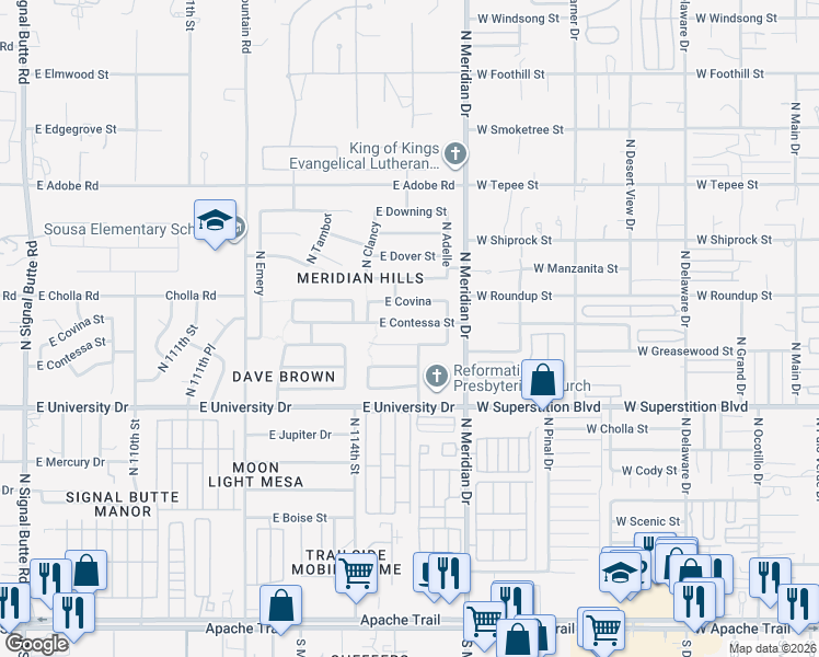 map of restaurants, bars, coffee shops, grocery stores, and more near 11507 East Contessa Street in Mesa