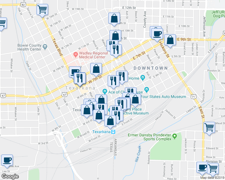 map of restaurants, bars, coffee shops, grocery stores, and more near State Line Ave & W 5th St in Texarkana