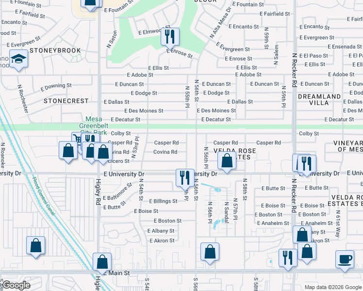 map of restaurants, bars, coffee shops, grocery stores, and more near 5502 Covina Road in Mesa