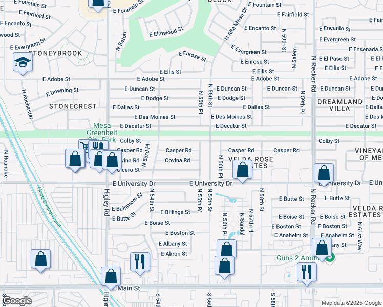 map of restaurants, bars, coffee shops, grocery stores, and more near 5502 Covina Road in Mesa