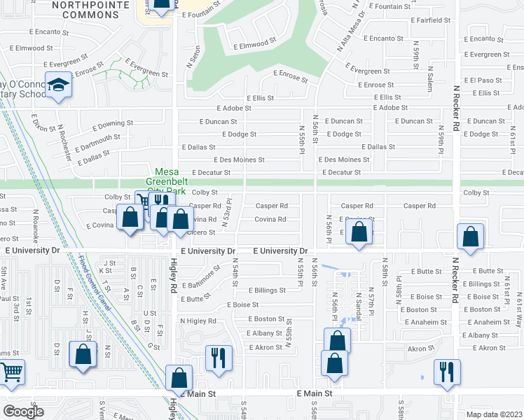 map of restaurants, bars, coffee shops, grocery stores, and more near 5425 Casper Road in Mesa