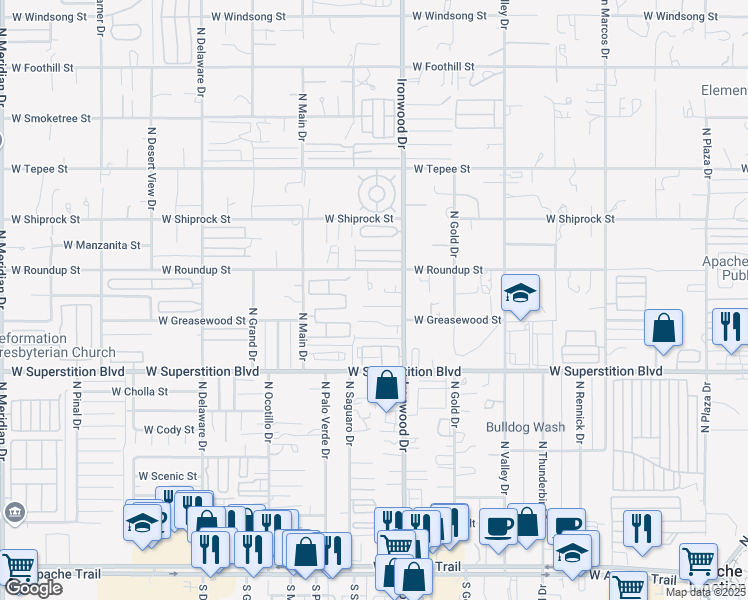 map of restaurants, bars, coffee shops, grocery stores, and more near 1724 West Mockingbird Street in Apache Junction