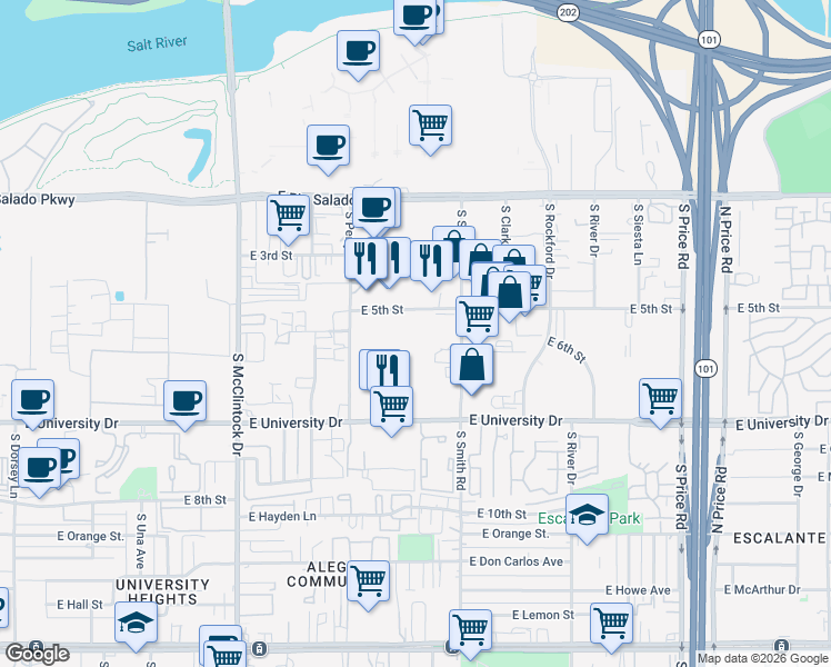map of restaurants, bars, coffee shops, grocery stores, and more near 616 South Smith Road in Tempe