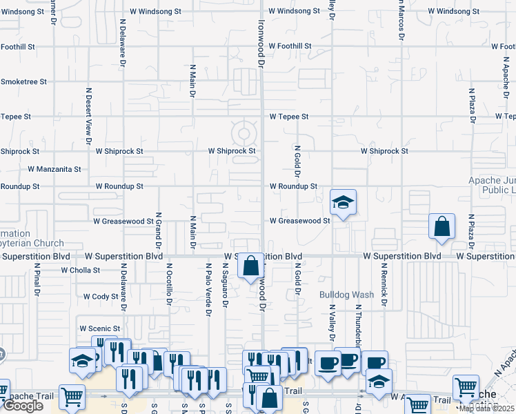 map of restaurants, bars, coffee shops, grocery stores, and more near 1618 West Mockingbird Street in Apache Junction
