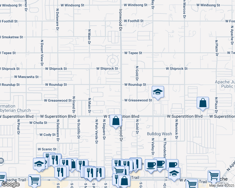 map of restaurants, bars, coffee shops, grocery stores, and more near 1640 West Mockingbird Street in Apache Junction