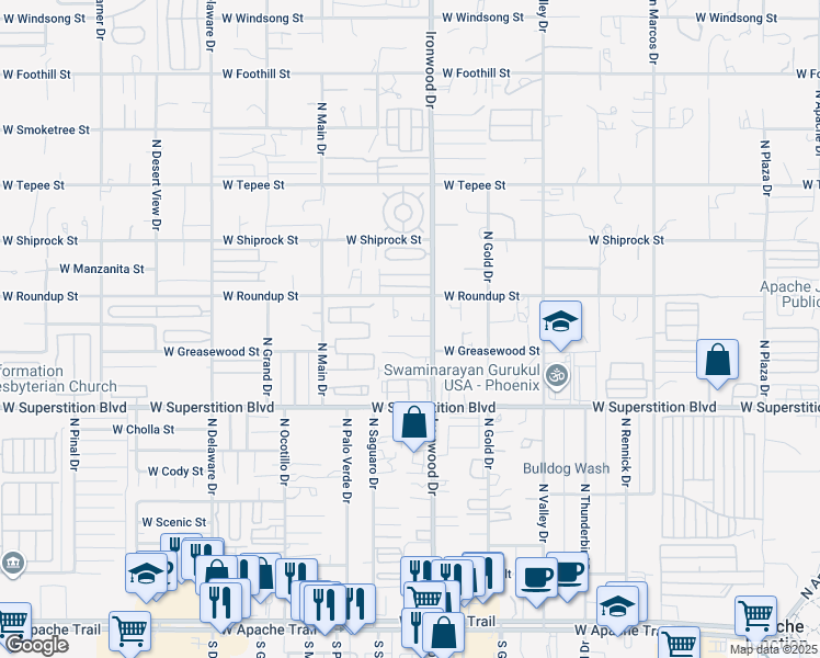 map of restaurants, bars, coffee shops, grocery stores, and more near 1678 West Mockingbird Street in Apache Junction