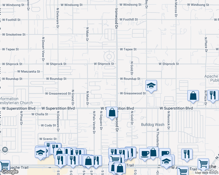 map of restaurants, bars, coffee shops, grocery stores, and more near 1696 West Mockingbird Street in Apache Junction