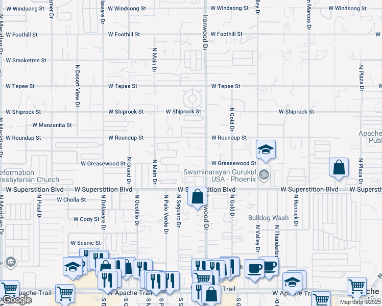 map of restaurants, bars, coffee shops, grocery stores, and more near 1724 West Mockingbird Street in Apache Junction