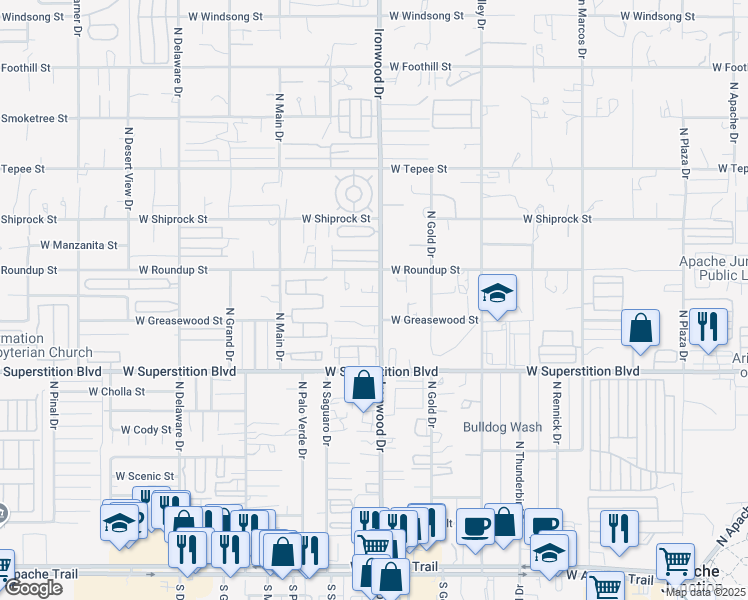 map of restaurants, bars, coffee shops, grocery stores, and more near 1618 West Mockingbird Street in Apache Junction