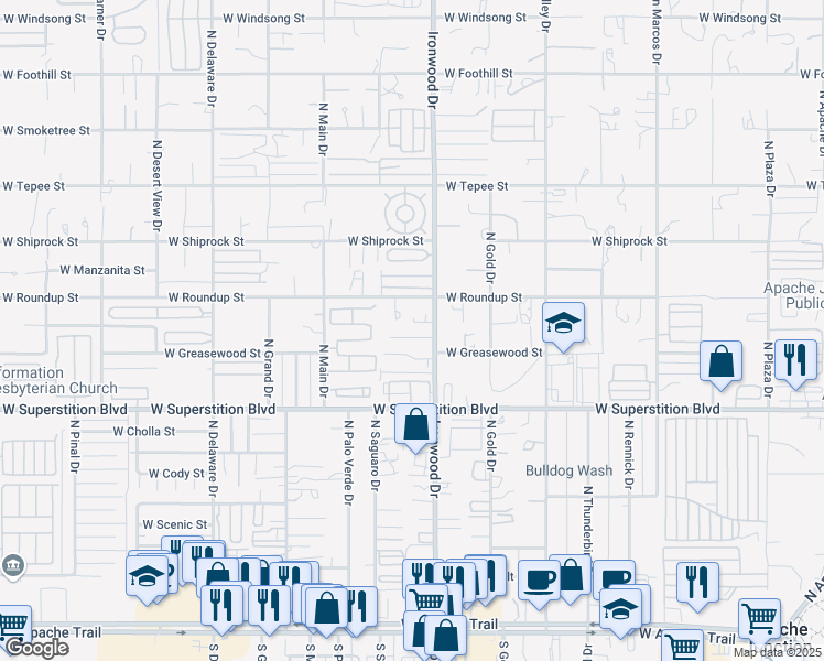 map of restaurants, bars, coffee shops, grocery stores, and more near 1678 West Mockingbird Street in Apache Junction
