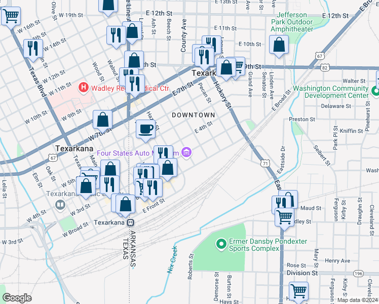 map of restaurants, bars, coffee shops, grocery stores, and more near 610 East 3rd Street in Texarkana