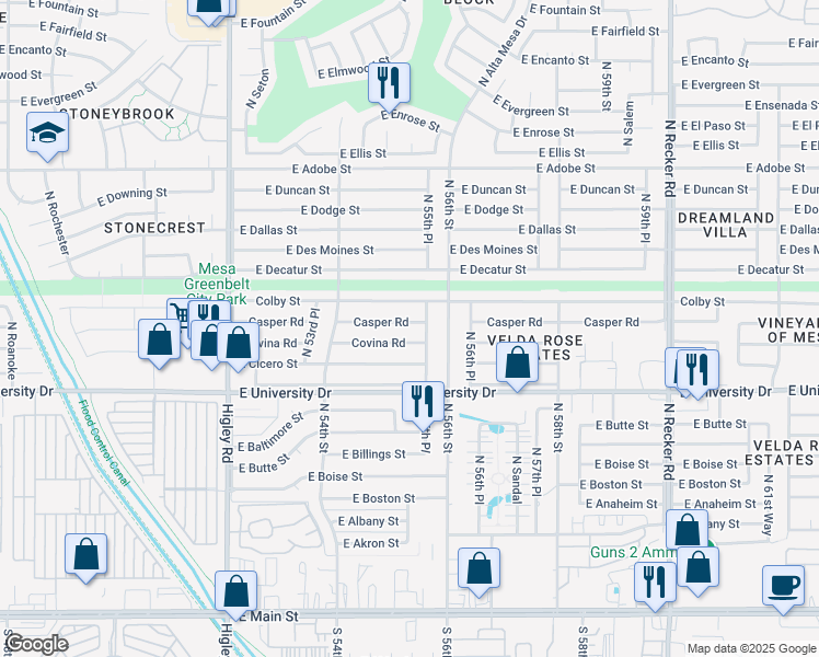 map of restaurants, bars, coffee shops, grocery stores, and more near 5502 Covina Road in Mesa