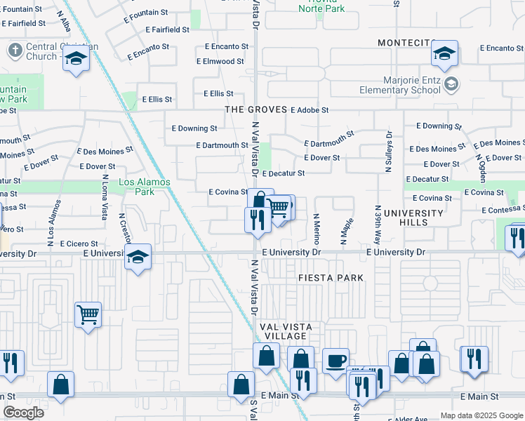 map of restaurants, bars, coffee shops, grocery stores, and more near 4 East Highland Park Manor in Mesa