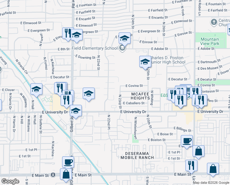 map of restaurants, bars, coffee shops, grocery stores, and more near 502 North 23rd Street in Mesa