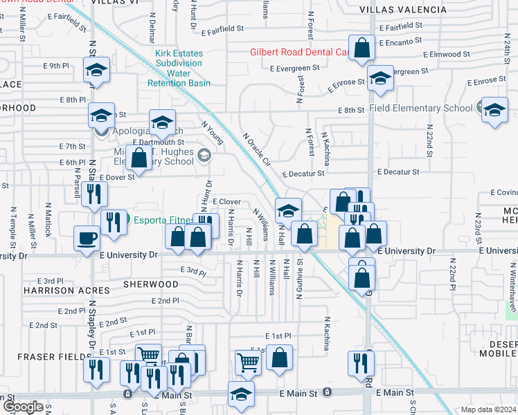 map of restaurants, bars, coffee shops, grocery stores, and more near 507 North Williams in Mesa