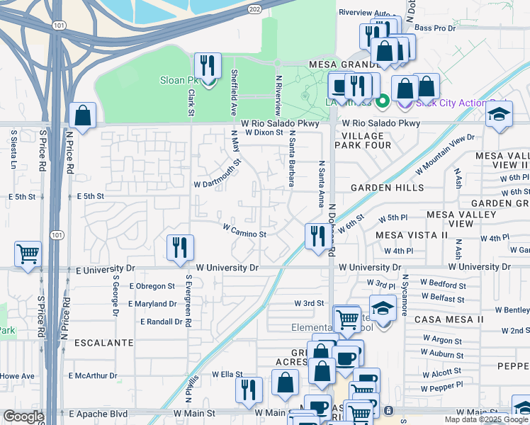 map of restaurants, bars, coffee shops, grocery stores, and more near 540 North May in Mesa