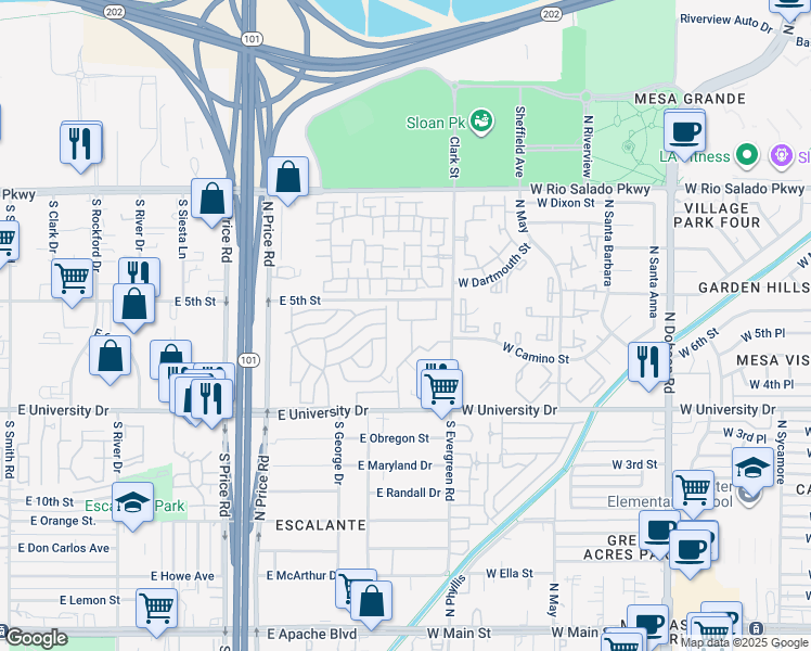 map of restaurants, bars, coffee shops, grocery stores, and more near 544 South Allred Drive in Tempe